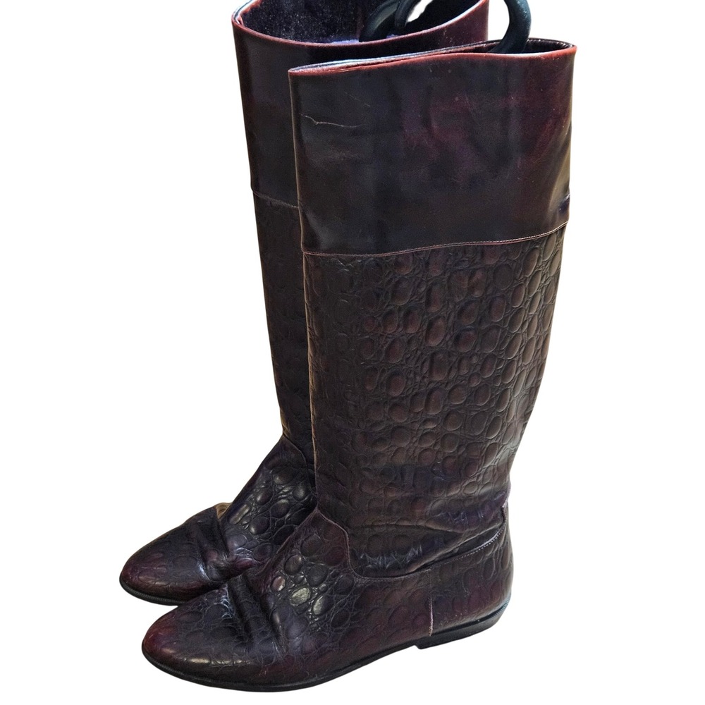 Eclisse Womens Leather Burgundy Croc Embossed‎ Textured Tall Boots 7 M Mob Wife